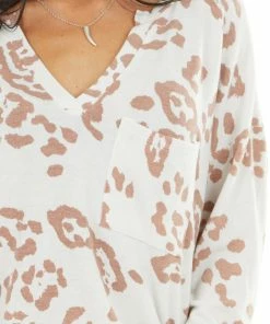 BiBi Ivory Leopard Print Long Sleeve Top With Front Pocket Tops