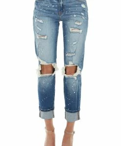 KanCan Medium Wash Distressed Jeans With Paint Splatter Details