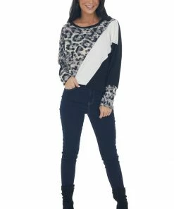 BiBi Tops Black Leopard Colorblock Long Dolman Sleeve Top