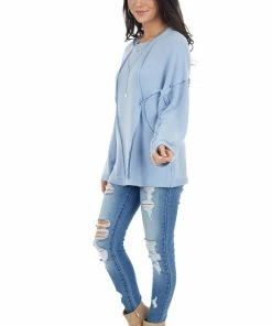BucketList Tops Powder Blue French Terry Knit Top With Raw Edge Details