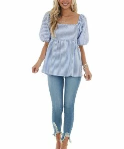 Ces Femme Cornflower Striped Puff Sleeve Babydoll Blouse 14 Ces Femme Cornflower Striped Puff Sleeve Babydoll Blouse
