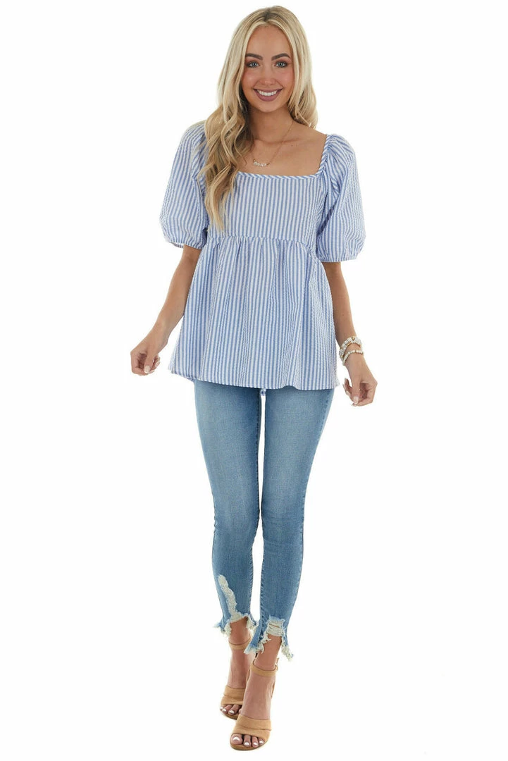 Ces Femme Cornflower Striped Puff Sleeve Babydoll Blouse 7 Ces Femme Cornflower Striped Puff Sleeve Babydoll Blouse