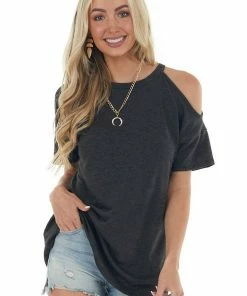 HEIMISH Charcoal Short Sleeve Cold Shoulder Stretchy Knit Top Tops