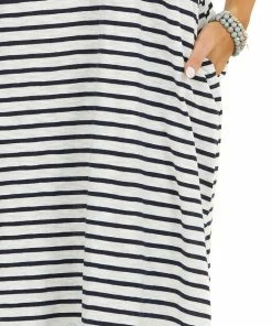 Umgee Off White And Navy Striped Dress With Side Pocket Details