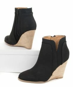 CCOCCI Black Faux Suede Stacked Wedge Bootie Shoes