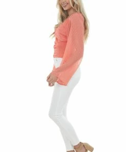 143 Story Vivid Coral Swiss Dot Ruched Cropped Blouse