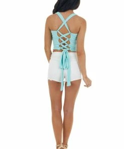 Peach Love Tops Turquoise Ribbed Knit Tank Top With Side Ties