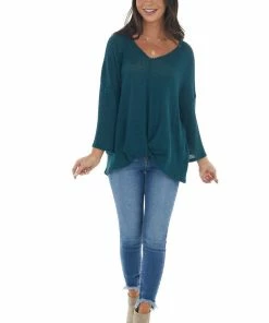 First Love Tops Teal Flowy Sleeve Waffle Knit Front Knot Top