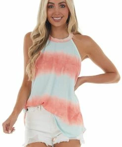 BiBi Mint And Coral Tie Dye Halter Knit Tank Top