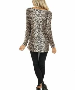 BiBi Mocha And Cream Leopard Print Long Sleeve Top With Cutout