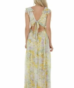 Aakaa Dresses Pastel Yellow Floral Open Back Maxi Dress