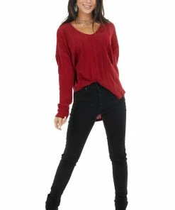 143 Story Tops Maroon Long Sleeve Wide Neck Knit Top With Ribbed Detail 28 143 Story Tops Maroon Long Sleeve Wide Neck Knit Top With Ribbed Detail