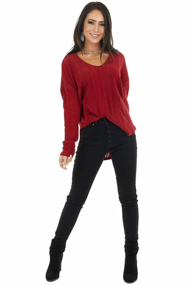 143 Story Tops Maroon Long Sleeve Wide Neck Knit Top With Ribbed Detail 13 143 Story Tops Maroon Long Sleeve Wide Neck Knit Top With Ribbed Detail