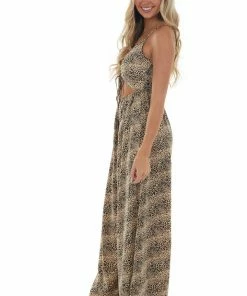 Entro Dresses Oatmeal Leopard Print Sleeveless Jumpsuit
