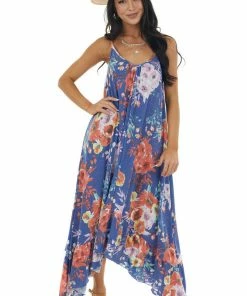 Ces Femme Sapphire Floral Sleeveless Maxi Dress With Rounded V Neck