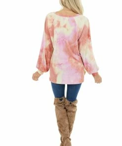 BiBi Dark Coral Tie Dye Knit Top With Long Bubble Sleeves Tops