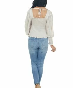 She + Sky Eggshell Long Bubble Sleeve Smocked Blouse With Tie Detail Tops