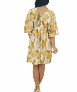Entro Dresses Ivory And Amber Leaf Print Half Sleeve Dress