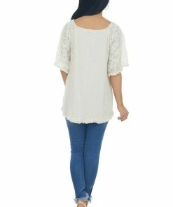 Umgee Oatmeal Floral Textured Mesh Sleeve Blouse