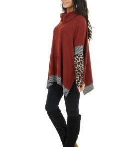First Love Rust Multiprint Ribbed Long Sleeve Top With Cowl Neck Tops