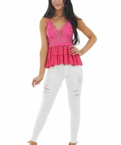 ZENANA Fuchsia Lace Peplum Ruffled Tank With Criss Cross Straps 34 ZENANA Fuchsia Lace Peplum Ruffled Tank With Criss Cross Straps