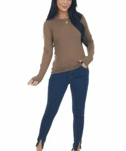 ZENANA Coffee Solid Soft Knit Top With Long Sleeves