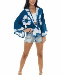 Kori America Sea Blue And Ivory Circle Tie Dye Woven Kimono