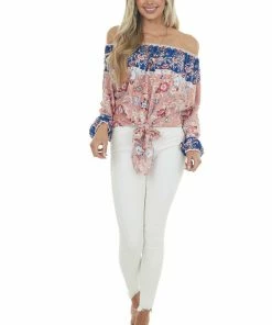Umgee Coral Floral Print Long Bubble Sleeve Off Shoulder Woven Top Tops