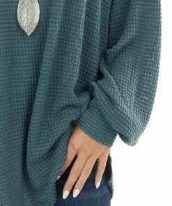 Umgee Tops Dark Teal Oversized Waffle Knit Top With Bubble Sleeves