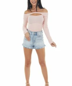 Peach Love Peach Off The Shoulder Ribbed Knit Top With Cut Out Detail