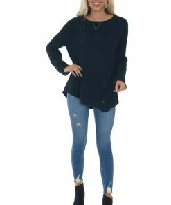 Davi & Dani Black Bubble Sleeve Sweater With Back Cut Outs Tops