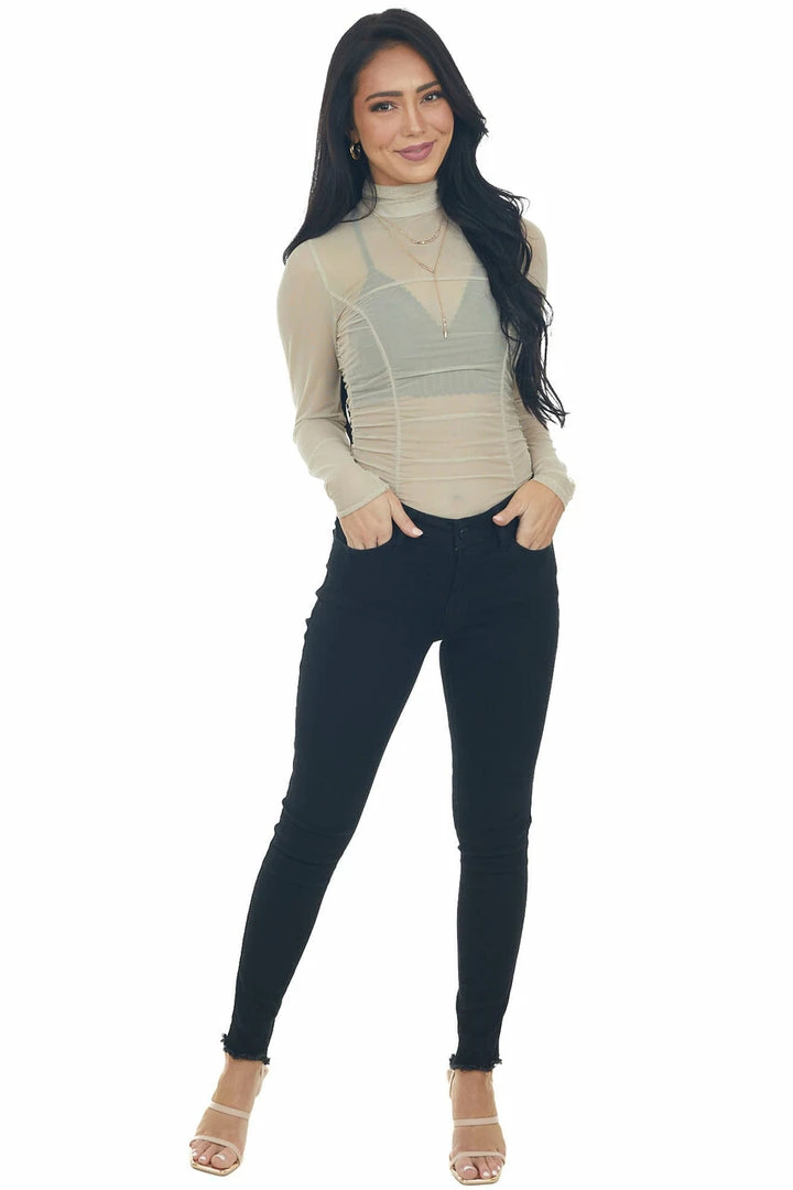 LE LIS Taupe Long Sleeve Ruched Bodycon Bodysuit 16 LE LIS Taupe Long Sleeve Ruched Bodycon Bodysuit