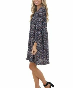 Jodifl Black Printed Woven Short Dress With 3/4 Bubble Sleeves