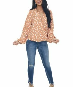 Umgee Tops Sandstone Printed Scalloped Surplice Blouse