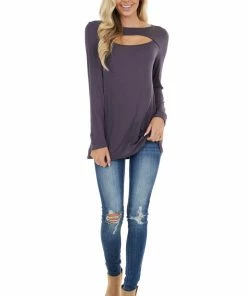 BiBi Tops Dusty Blue Soft Stretchy Long Sleeve Top With Chest Cutout