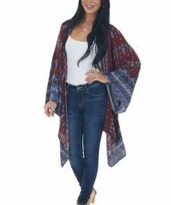 Umgee Burgundy Abstract Print Open Front Kimono Tops