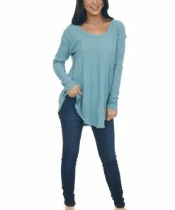 143 Story Tops Teal Scoop Neckline Rounded Hem Knit Top