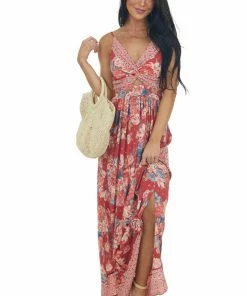 ANGIE Raspberry Floral Print Sleeveless Maxi Dress