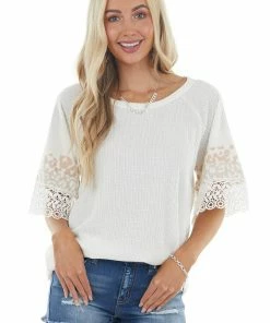 BiBi Tops Ivory Leopard Print Short Sleeve Waffle Knit Top With Lace