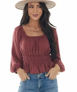She + Sky Marsala Open Back Smocked Peplum Silky Blouse