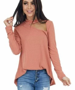 Fantastic Fawn Terracotta Long Sleeve Stretchy Knit Top With Cut Out Detail Tops