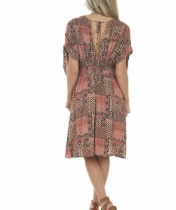 Sweet Lemon Dresses Rust Floral Print Plunging V Neck Short Dress