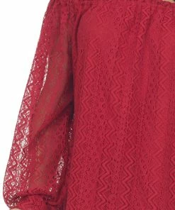 SugarFox Crimson Off Shoulder Long Bubble Sleeve Lace Top