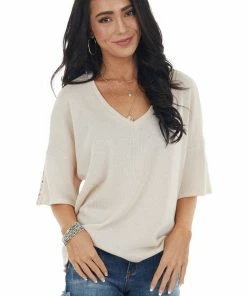 CY Fashion Tops Champagne Drop Shoulder Knit Top With Crochet Detail