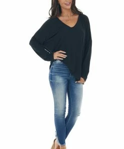 BucketList Tops Black Drop Shoulder Knit Top With V Neck