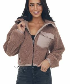 Style Melody Rose Taupe Mock Neck Hooded Cozy Teddy Jacket