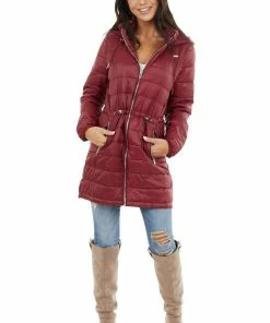 Style Melody Wine Zip Up Adjustable Puffer Coat With Removable Hood