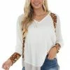 Umgee Tops Ivory Long Sleeve Waffle Knit Top With Leopard Contrast
