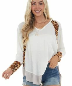 Umgee Tops Ivory Long Sleeve Waffle Knit Top With Leopard Contrast