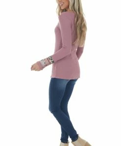 Lovely Melody Mauve Waffle Knit Top With Multiprint Cuff Tops